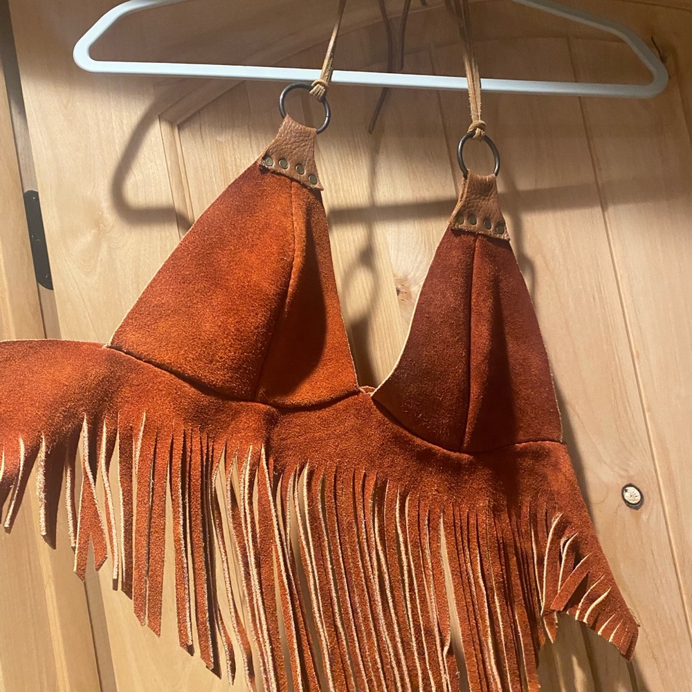 Plutos Pomegranate Fringed Suede Halter Top